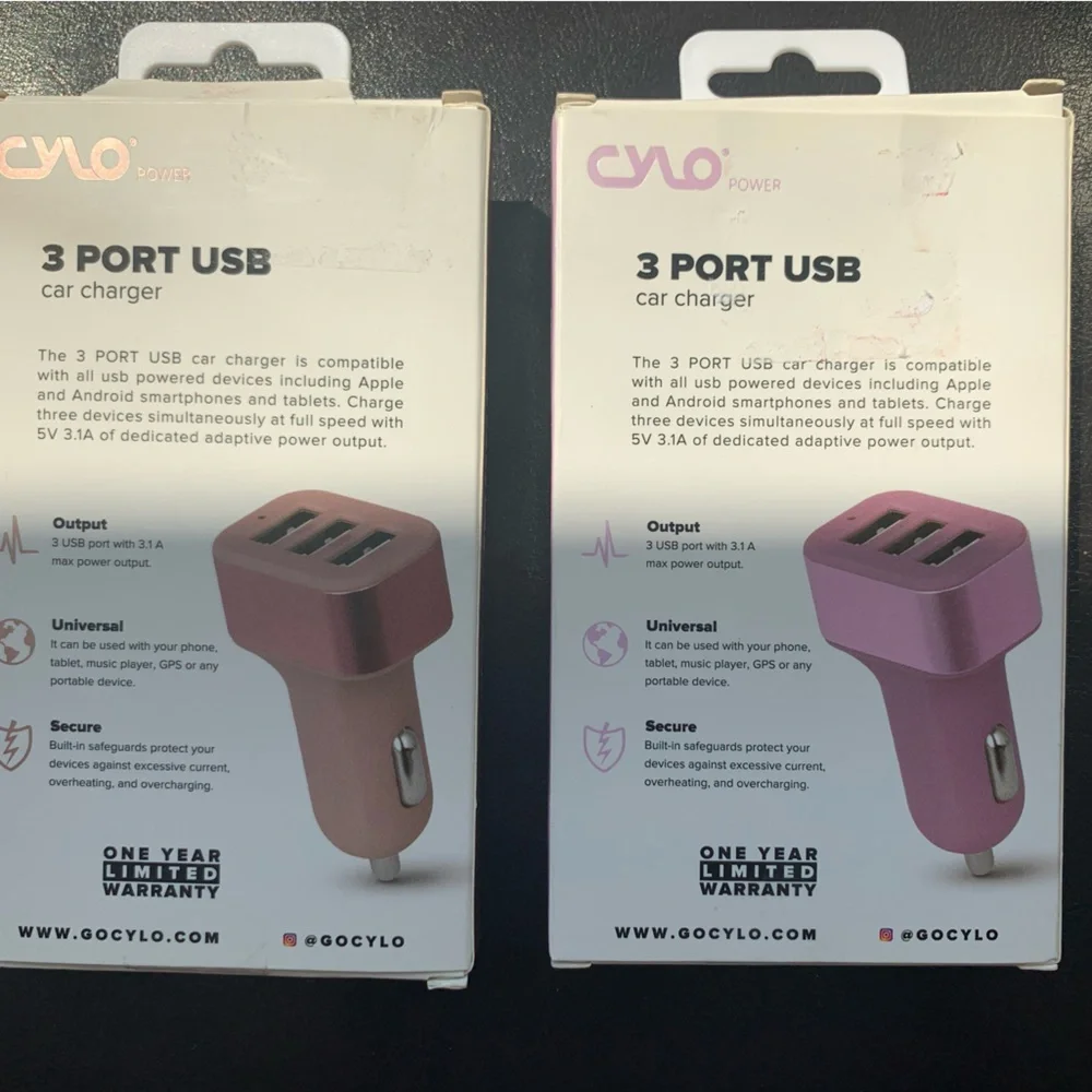 Set of 2 Cylo Power 3 Port USB Car Charger fast charge smartphones tablets iPods